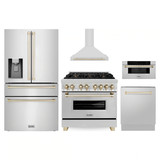 ZLINE 5-Piece Appliance Package - 36-Inch Legacy Autograph Dual Fuel Range, Wall Mount Range Hood, 36-Inch French Door Refrigerator with Water Dispenser, Dishwasher, and 30-Inch Microwave Drawer in Stainless Steel with Gold Accents