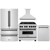 ZLINE 4-Piece Appliance Package - 36-Inch Legacy Autograph Dual Fuel Range, Wall Mount Range Hood, 36-Inch French Door Refrigerator, Dishwasher, in Stainless Steel with Matte Black Accents
