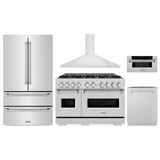 ZLINE 5-Piece Appliance Package - 48-Inch Classic Gas Range, Wall Mount Range Hood, 36-Inch French Door Refrigerator, Dishwasher, and 30-Inch Microwave Drawer in Stainless Steel