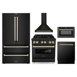 ZLINE 5-Piece Appliance Package - 30-Inch Legacy Dual Fuel Range, Wall Mount Range Hood, 36-Inch French Door Refrigerator, Dishwasher, and 24-Inch Microwave Drawer in Black Stainless Steel with Gold Accents