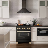ZLINE 5-Piece Appliance Package - 30-Inch Legacy Dual Fuel Range, Wall Mount Range Hood, 36-Inch French Door Refrigerator, Dishwasher, and 24-Inch Microwave Drawer in Black Stainless Steel with Gold Accents