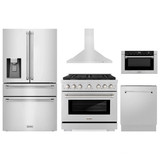 ZLINE 5-Piece Appliance Package - 36-Inch Paramount Dual Fuel Range, Wall Mount Range Hood, 36-Inch French Door Refrigerator with Water Dispenser, Dishwasher, and 24-Inch Microwave Drawer in Stainless Steel