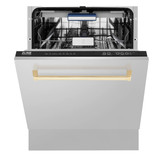 ZLINE 5-Piece Appliance Package - 36-Inch Legacy Autograph Dual Fuel Range, Wall Mount Range Hood, 36-Inch French Door Refrigerator with Water Dispenser, Dishwasher, and 24-Inch Microwave Drawer in Stainless Steel with Gold Accents