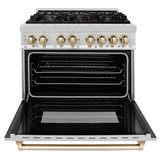 ZLINE 5-Piece Appliance Package - 36-Inch Legacy Autograph Dual Fuel Range, Wall Mount Range Hood, 36-Inch French Door Refrigerator with Water Dispenser, Dishwasher, and 24-Inch Microwave Drawer in Stainless Steel with Gold Accents