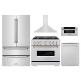 ZLINE 5-Piece Appliance Package - 36-Inch Classic Gas Range, Wall Mount Range Hood, 36-Inch French Door Refrigerator, Dishwasher, and 30-Inch Microwave Drawer in Stainless Steel