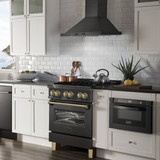 ZLINE 5-Piece Appliance Package - 30-Inch Legacy Dual Fuel Range, Wall Mount Range Hood, 36-Inch French Door Refrigerator with Water Dispenser, Dishwasher, and 24-Inch Microwave Drawer in Black Stainless Steel with Champagne Bronze Accents
