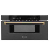ZLINE 5-Piece Appliance Package - 36-Inch Autograph Edition Dual Fuel Range, Wall Mount Range Hood, 36-Inch French Door Refrigerator, Dishwasher, and 30-Inch Microwave Drawer in Black Stainless Steel with Champagne Bronze Accents