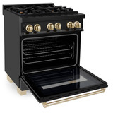 ZLINE 4-Piece Appliance Package - 30-Inch Legacy Dual Fuel Range, Wall Mount Range Hood, 36-Inch French Door Refrigerator with Water Dispenser, Dishwasher, in Black Stainless Steel with Gold Accents