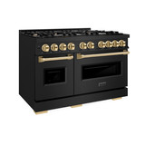 ZLINE 5-Piece Appliance Package - 48-Inch Autograph Edition Gas Range, Wall Mount Range Hood, 36-Inch French Door Refrigerator, Dishwasher, and 30-Inch Microwave Drawer in Black Stainless Steel with Gold Accents