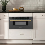 ZLINE 5-Piece Appliance Package - 48-Inch Autograph Edition Gas Range, Wall Mount Range Hood, 36-Inch French Door Refrigerator, Dishwasher, and 30-Inch Microwave Drawer in Black Stainless Steel with Gold Accents