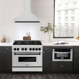 ZLINE 5-Piece Appliance Package - 36-Inch Autograph Edition Gas Range, Wall Mount Range Hood, 36-Inch French Door Refrigerator, Dishwasher, and 30-Inch Microwave Drawer in Stainless Steel Matte Black Accents