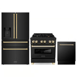 ZLINE 3-Piece Appliance Package - 30-Inch Legacy Dual Fuel Range, 36-Inch French Door Refrigerator with Water Dispenser, Dishwasher, in Black Stainless Steel with Gold Accents