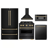 ZLINE 5-Piece Appliance Package - 30-Inch Autograph Edition Dual Fuel Range, Wall Mount Range Hood, 36-Inch French Door Refrigerator, Dishwasher, and 30-Inch Microwave Drawer in Black Stainless Steel with Champagne Bronze Accents