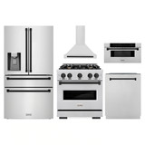 ZLINE 5-Piece Appliance Package - 30-Inch Autograph Edition Gas Range, Wall Mount Range Hood, 36-Inch French Door Refrigerator with Water Dispenser, Dishwasher, and 30-Inch Microwave Drawer in Stainless Steel Matte Black Accents
