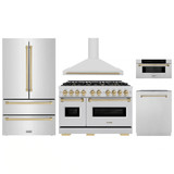 ZLINE 5-Piece Appliance Package - 48-Inch Autograph Edition Dual Fuel Range, Wall Mount Range Hood, 36-Inch French Door Refrigerator, Dishwasher, and 30-Inch Microwave Drawer in Stainless Steel with Champagne Bronze Accents