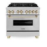 ZLINE 4-Piece Appliance Package - 36-Inch Legacy Autograph Dual Fuel Range, Wall Mount Range Hood, 36-Inch French Door Refrigerator with Water Dispenser, Dishwasher, in Stainless Steel with Gold Accents