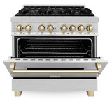 ZLINE 4-Piece Appliance Package - 36-Inch Legacy Autograph Dual Fuel Range, Wall Mount Range Hood, 36-Inch French Door Refrigerator with Water Dispenser, Dishwasher, in Stainless Steel with Gold Accents