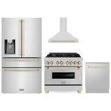 ZLINE 4-Piece Appliance Package - 36-Inch Legacy Autograph Dual Fuel Range, Wall Mount Range Hood, 36-Inch French Door Refrigerator with Water Dispenser, Dishwasher, in Stainless Steel with Gold Accents