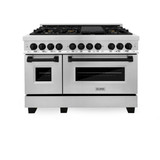 ZLINE 4-Piece Appliance Package - 48-Inch Legacy Autograph Dual Fuel Range, Wall Mount Range Hood, 36-Inch French Door Refrigerator, Dishwasher, in Stainless Steel with Matte Black Accents