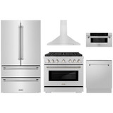 ZLINE 5-Piece Appliance Package - 36-Inch Paramount Gas Range, Wall Mount Range Hood, 36-Inch French Door Refrigerator, Dishwasher, and 30-Inch Microwave Drawer in Stainless Steel