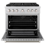 ZLINE 5-Piece Appliance Package - 36-Inch Paramount Gas Range, Wall Mount Range Hood, 36-Inch French Door Refrigerator, Dishwasher, and 24-Inch Microwave Drawer in Stainless Steel