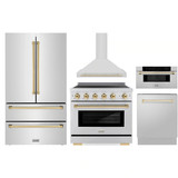 ZLINE 5-Piece Appliance Package - 36-Inch Autograph Edition Induction Range, Wall Mount Range Hood, 36-Inch French Door Refrigerator, Dishwasher, and 30-Inch Microwave Drawer in Stainless Steel with Gold Accents