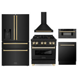 ZLINE 5-Piece Appliance Package - 30-Inch Legacy Dual Fuel Range, Wall Mount Range Hood, 36-Inch French Door Refrigerator with Water Dispenser, Dishwasher, and 30-Inch Microwave Drawer in Black Stainless Steel with Gold Accents