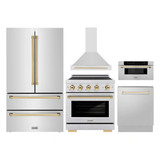 ZLINE 5-Piece Appliance Package - 30-Inch Autograph Induction Range, Wall Mount Range Hood, 36-Inch French Door Refrigerator, Dishwasher, and 30-Inch Microwave Drawer in Stainless Steel with Gold Accents