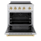 ZLINE 5-Piece Appliance Package - 30-Inch Autograph Induction Range, Wall Mount Range Hood, 36-Inch French Door Refrigerator, Dishwasher, and 30-Inch Microwave Drawer in Stainless Steel with Gold Accents