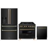 ZLINE 3-Piece Appliance Package - 36-Inch Legacy Dual Fuel Range, 36-Inch French Door Refrigerator with Water Dispenser, Dishwasher, in Black Stainless Steel with Champagne Bronze Accents