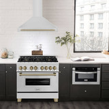 ZLINE 5-Piece Appliance Package - 36-Inch Autograph Edition Gas Range, Wall Mount Range Hood, 36-Inch French Door Refrigerator with Water Dispenser, Dishwasher, and 30-Inch Microwave Drawer in Stainless Steel with Champagne Bronze Accents