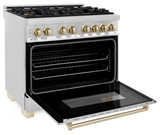 ZLINE 5-Piece Appliance Package - 36-Inch Legacy Autograph Dual Fuel Range, Wall Mount Range Hood, 36-Inch French Door Refrigerator, Dishwasher, and 24-Inch Microwave Drawer in Stainless Steel with Gold Accents