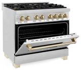 ZLINE 5-Piece Appliance Package - 36-Inch Legacy Autograph Dual Fuel Range, Wall Mount Range Hood, 36-Inch French Door Refrigerator, Dishwasher, and 24-Inch Microwave Drawer in Stainless Steel with Gold Accents