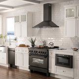 ZLINE 5-Piece Appliance Package - 36-Inch Classic Dual Fuel Range, Wall Mount Range Hood, 36-Inch French Door Refrigerator with Water Dispenser, Dishwasher, and 30-Inch Microwave Drawer in Black Stainless Steel