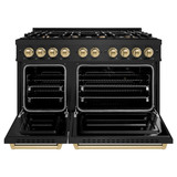 ZLINE 5-Piece Appliance Package - 48-Inch Autograph Edition Dual Fuel Range, Wall Mount Range Hood, 36-Inch French Door Refrigerator, Dishwasher, and 30-Inch Microwave Drawer in Black Stainless Steel with Champagne Bronze Accents