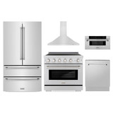 ZLINE 5-Piece Appliance Package - 36-Inch Paramount Induction Range, Wall Mount Range Hood, 36-Inch French Door Refrigerator, Dishwasher, and 30-Inch Microwave Drawer in Stainless Steel