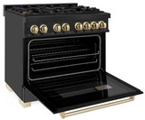ZLINE 4-Piece Appliance Package - 36-Inch Legacy Dual Fuel Range, Wall Mount Range Hood, 36-Inch French Door Refrigerator, Dishwasher, in Black Stainless Steel with Gold Accents
