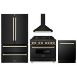 ZLINE 4-Piece Appliance Package - 36-Inch Legacy Dual Fuel Range, Wall Mount Range Hood, 36-Inch French Door Refrigerator, Dishwasher, in Black Stainless Steel with Gold Accents