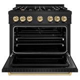ZLINE 5-Piece Appliance Package - 36-Inch Autograph Edition Dual Fuel Range, Wall Mount Range Hood, 36-Inch French Door Refrigerator, Dishwasher, and 30-Inch Microwave Drawer in Black Stainless Steel with Gold Accents