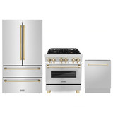 ZLINE 3-Piece Appliance Package - 30-Inch Legacy Autograph Dual Fuel Range, 36-Inch French Door Refrigerator, Dishwasher, in Stainless Steel with Gold Accents