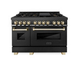 ZLINE 5-Piece Appliance Package - 48-Inch Legacy Dual Fuel Range, Wall Mount Range Hood, 36-Inch French Door Refrigerator, Dishwasher, and 24-Inch Microwave Drawer in Black Stainless Steel with Gold Accents