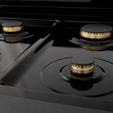 ZLINE 5-Piece Appliance Package - 48-Inch Legacy Dual Fuel Range, Wall Mount Range Hood, 36-Inch French Door Refrigerator, Dishwasher, and 24-Inch Microwave Drawer in Black Stainless Steel with Gold Accents
