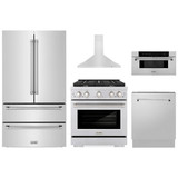 ZLINE 5-Piece Appliance Package - 30-Inch Paramount Gas Range, Wall Mount Range Hood, 36-Inch French Door Refrigerator, Dishwasher, and 30-Inch Microwave Drawer in Stainless Steel