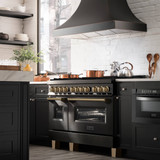 ZLINE 5-Piece Appliance Package - 48-Inch Legacy Dual Fuel Range, Wall Mount Range Hood, 36-Inch French Door Refrigerator, Dishwasher, and 30-Inch Microwave Drawer in Black Stainless Steel with Champagne Bronze Accents