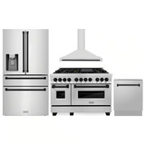 ZLINE 4-Piece Appliance Package - 48-Inch Legacy Autograph Dual Fuel Range, Wall Mount Range Hood, 36-Inch French Door Refrigerator with Water Dispenser, Dishwasher, in Stainless Steel with Matte Black Accents