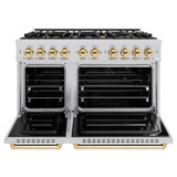 ZLINE 5-Piece Appliance Package - 48-Inch Autograph Edition Dual Fuel Range, Wall Mount Range Hood, 36-Inch French Door Refrigerator with Water Dispenser, Dishwasher, and 30-Inch Microwave Drawer in Stainless Steel with Gold Accents