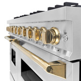 ZLINE 5-Piece Appliance Package - 48-Inch Autograph Edition Dual Fuel Range, Wall Mount Range Hood, 36-Inch French Door Refrigerator with Water Dispenser, Dishwasher, and 30-Inch Microwave Drawer in Stainless Steel with Gold Accents
