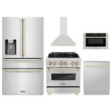 ZLINE 5-Piece Appliance Package - 30-Inch Legacy Autograph Dual Fuel Range, Wall Mount Range Hood, 36-Inch French Door Refrigerator with Water Dispenser, Dishwasher, and 24-Inch Microwave Drawer in Stainless Steel with Gold Accents