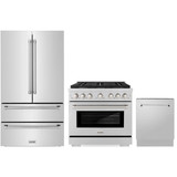 ZLINE 3-Piece Appliance Package - 36-Inch Paramount Gas Range, 36-Inch French Door Refrigerator, Dishwasher, in Stainless Steel