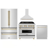 ZLINE 4-Piece Appliance Package - 36-Inch Legacy Autograph Dual Fuel Range, Wall Mount Range Hood, 36-Inch French Door Refrigerator, Dishwasher, in Stainless Steel with Gold Accents